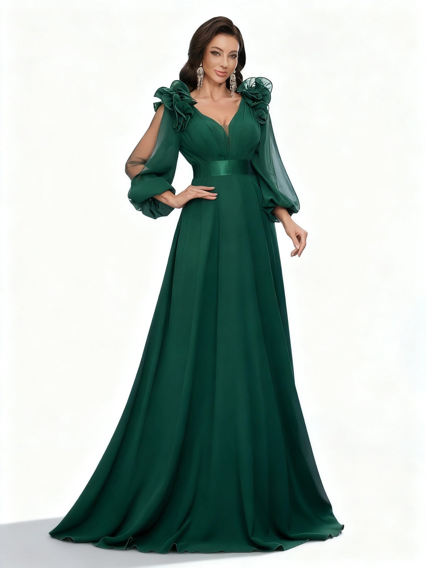 Stalluxe | Dunkelgrünes Chiffonkleid mit Laternenärmeln in Maxilänge