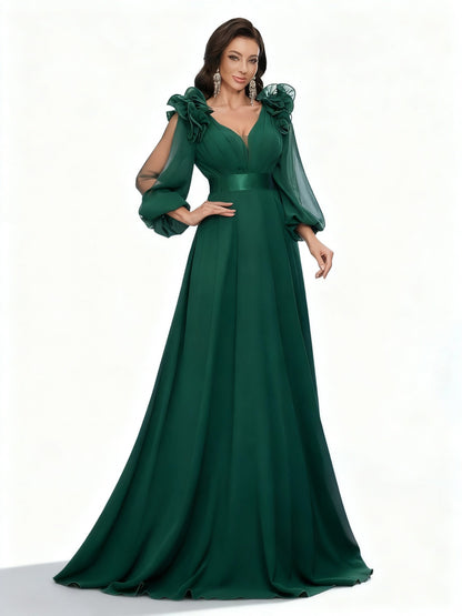 Stalluxe | Dunkelgrünes Chiffonkleid mit Laternenärmeln in Maxilänge