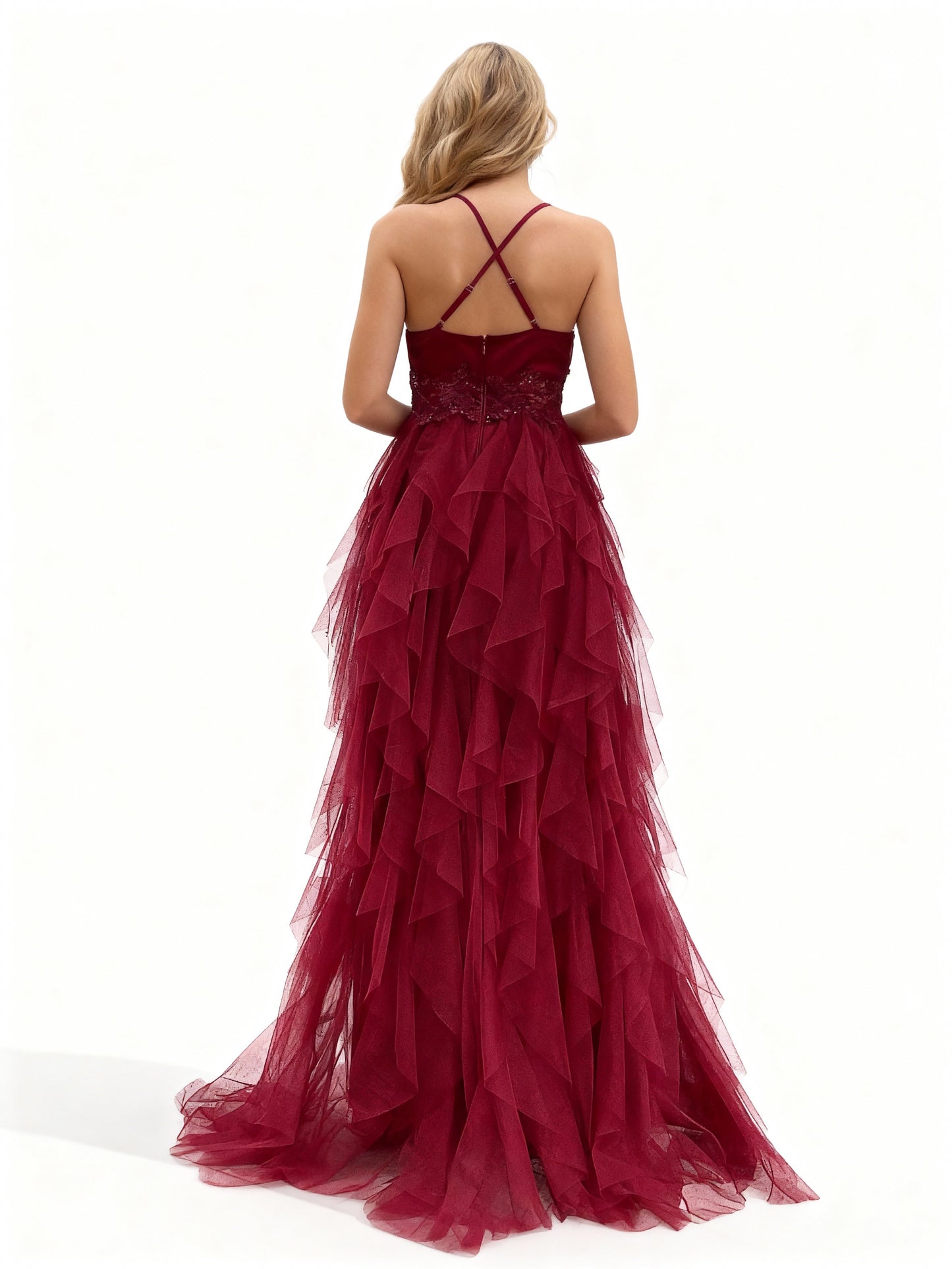 Stalluxe | Burgunderrotes Mehrlagiges Rüschenkleid mit Trägern