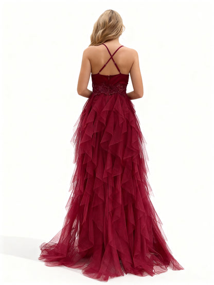 Stalluxe | Burgunderrotes Mehrlagiges Rüschenkleid mit Trägern