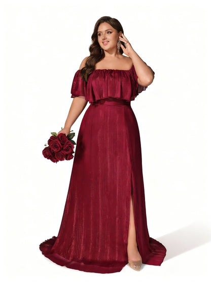 Stalluxe | Burgunderfarbenes Schulterfreies Abendkleid mit weitem Saum in Übergröße