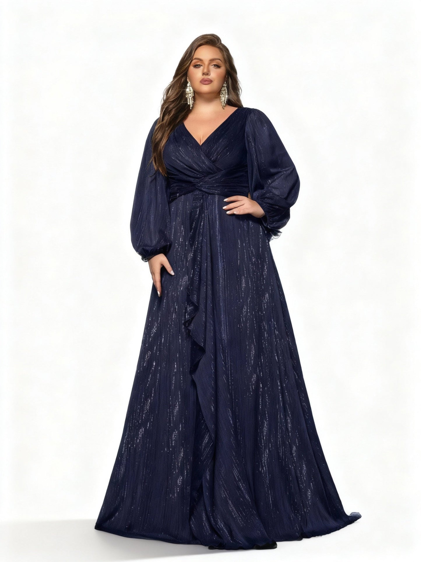 Stalluxe | Elegantes Abendkleid in Übergröße mit langen Ärmeln Marineblau