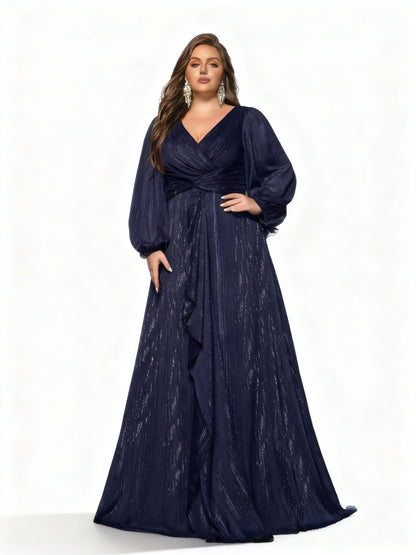 Stalluxe | Elegantes Abendkleid in Übergröße mit langen Ärmeln Marineblau