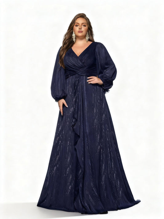Stalluxe | Elegantes Abendkleid in Übergröße mit langen Ärmeln Marineblau