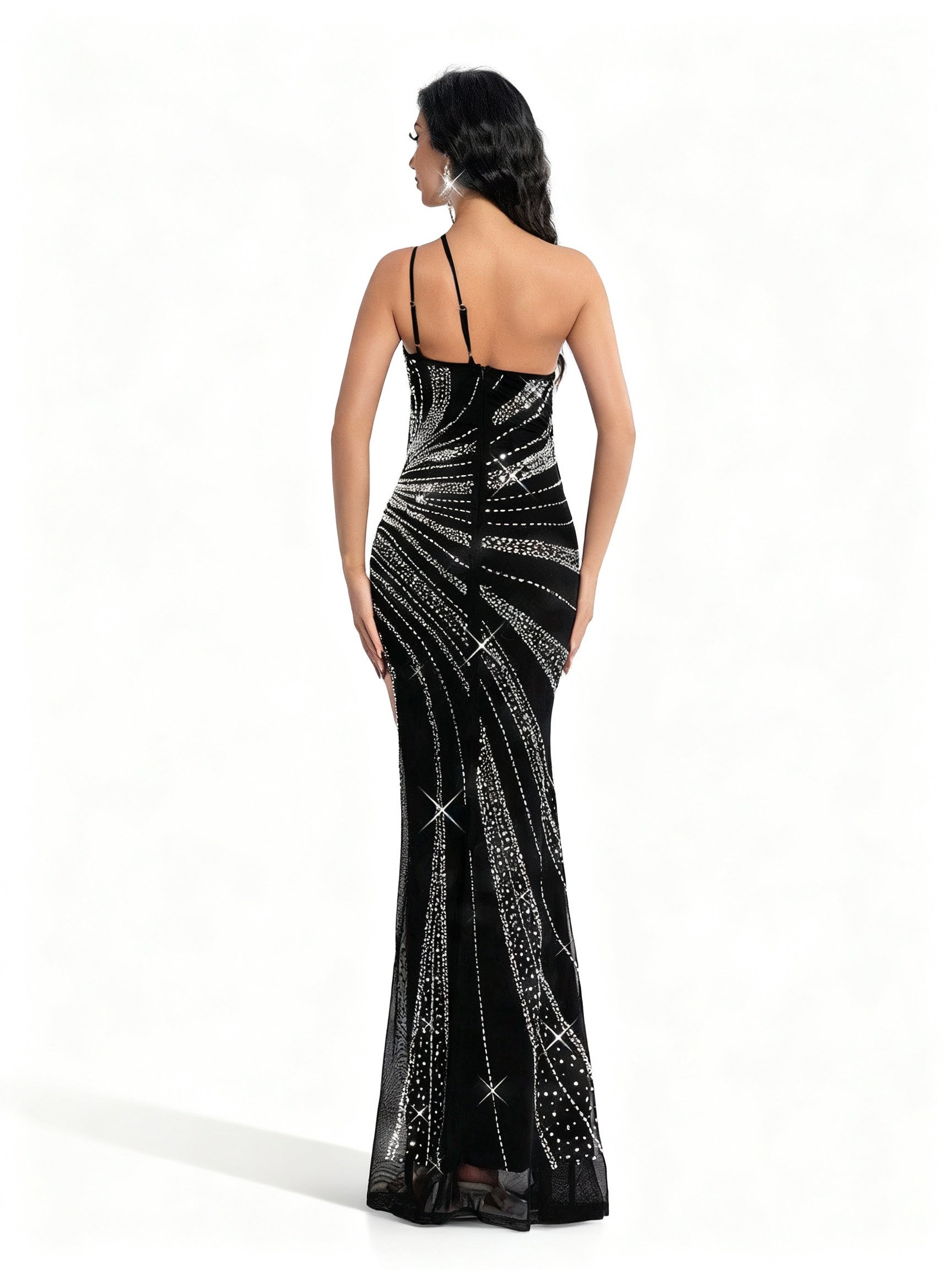 Stalluxe | Schwarzes Asymmetrisches Abendkleid mit Strass und Schlitz