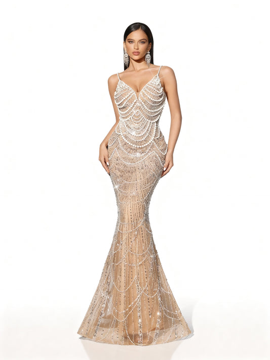 Stalluxe | Paillettenkleid mit Perlen und V-Ausschnitt im Meerjungfrauenschnitt