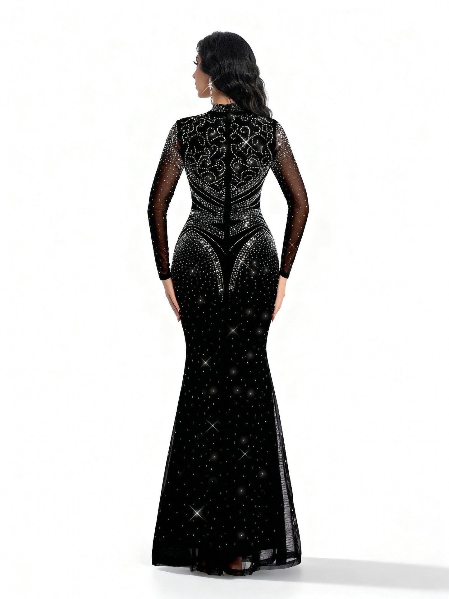 Stalluxe | Edles Abendkleid in Schwarz mit Strassbesatz, langen Ärmeln und Meerjungfrauen-Saum