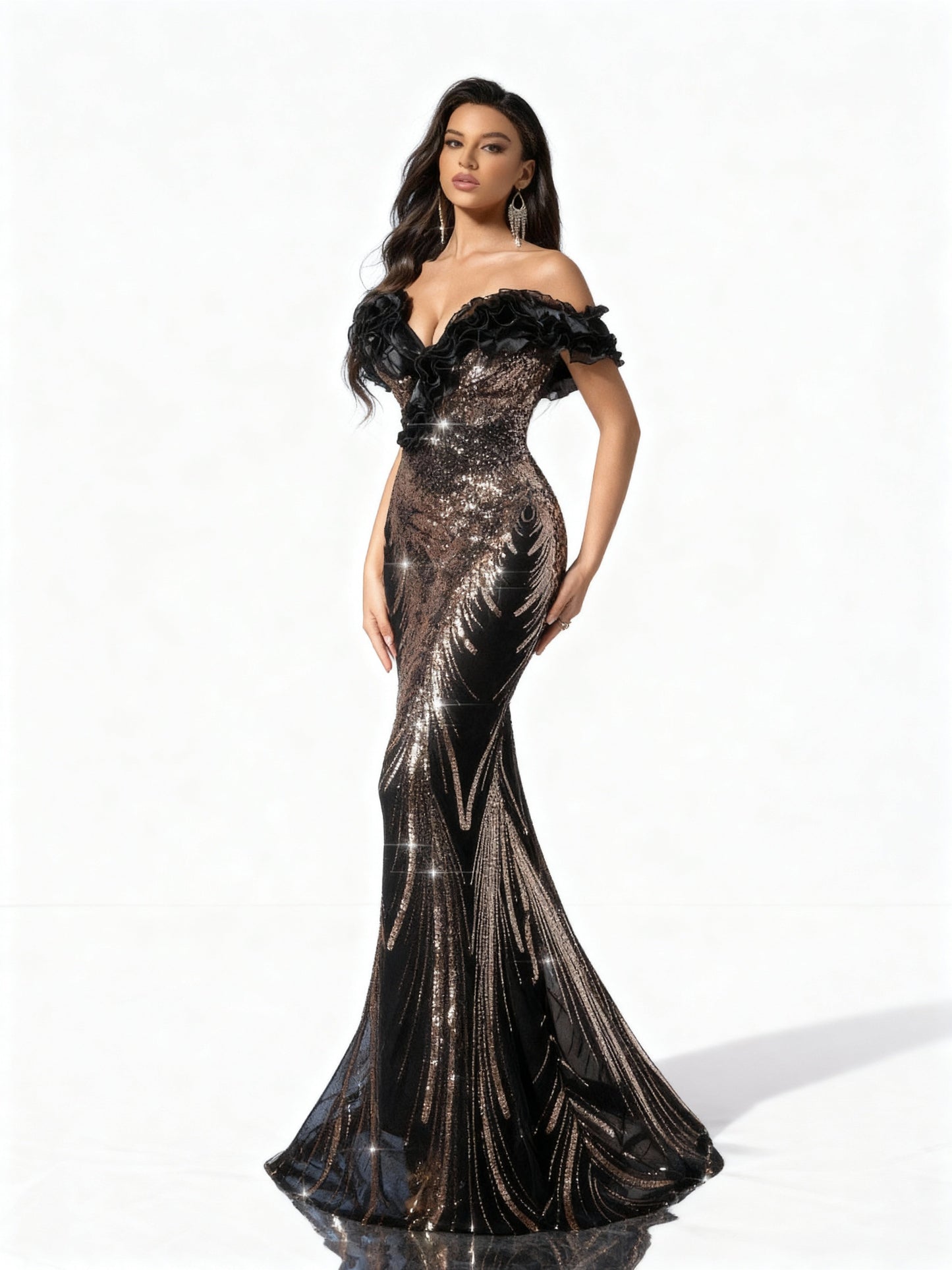 Stalluxe | Schwarzes Pailletten-Abendkleid mit schulterfreiem Design und Fischschwanz-Saum