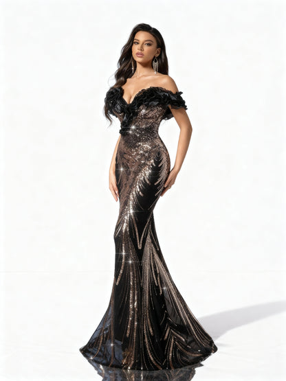 Stalluxe | Schwarzes Pailletten-Abendkleid mit schulterfreiem Design und Fischschwanz-Saum