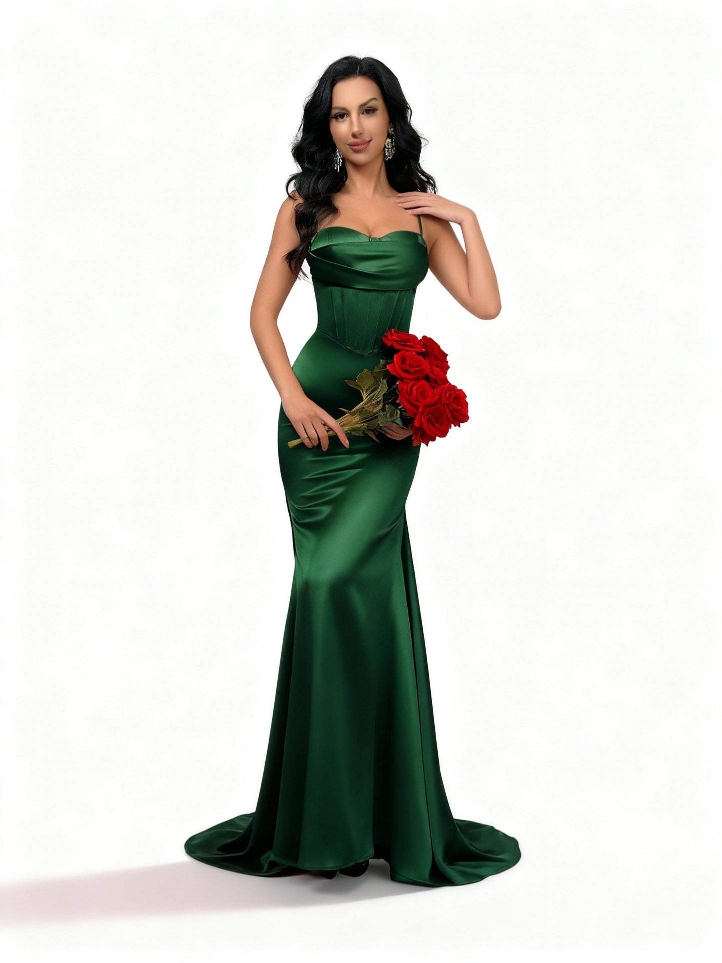 Stalluxe | Satinkleid mit Spaghettiträgern und Halterneck Dunkelgrün