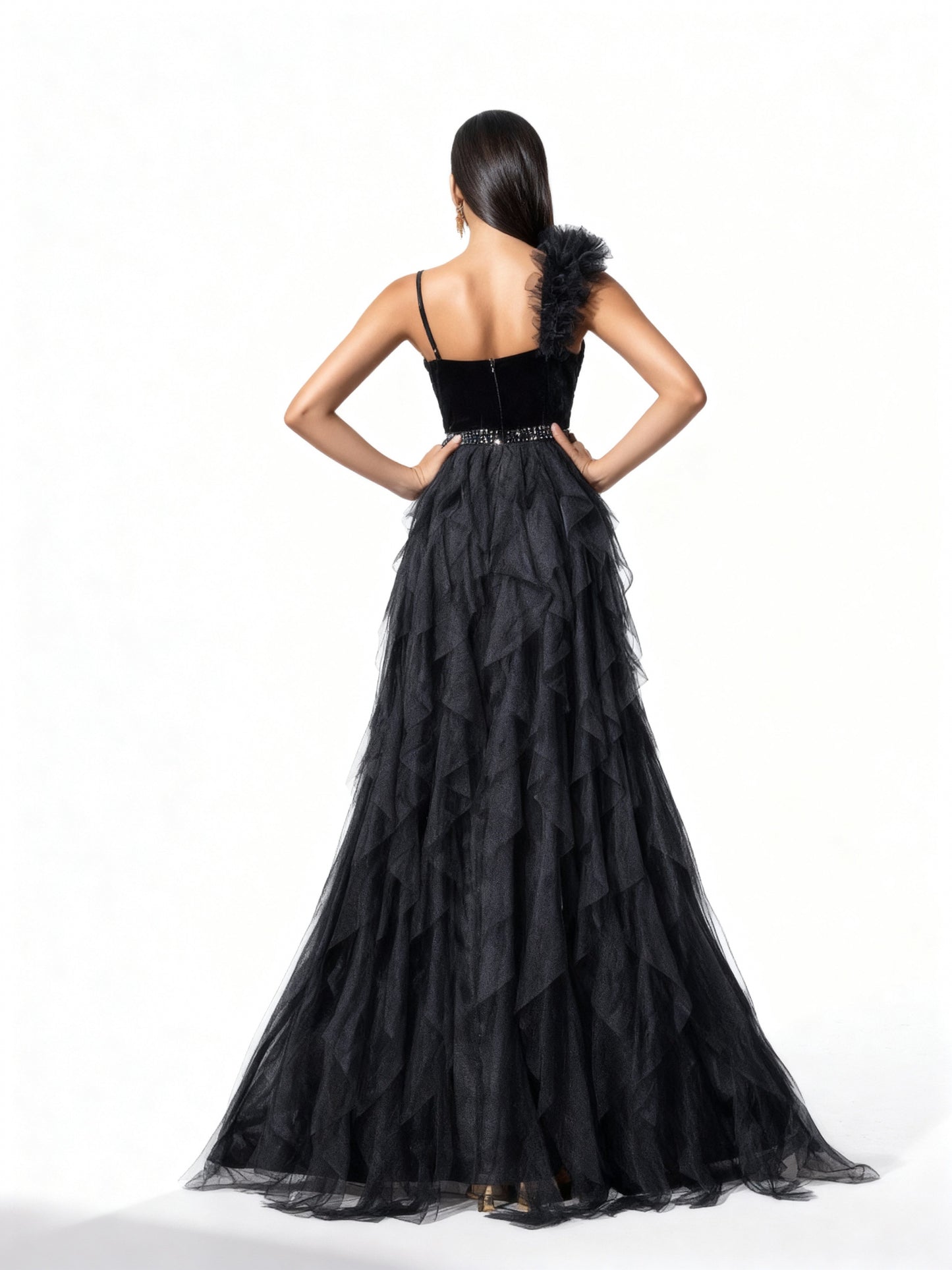 Stalluxe | Schwarzes Rückenträgerloses Netzkleid mit Strass