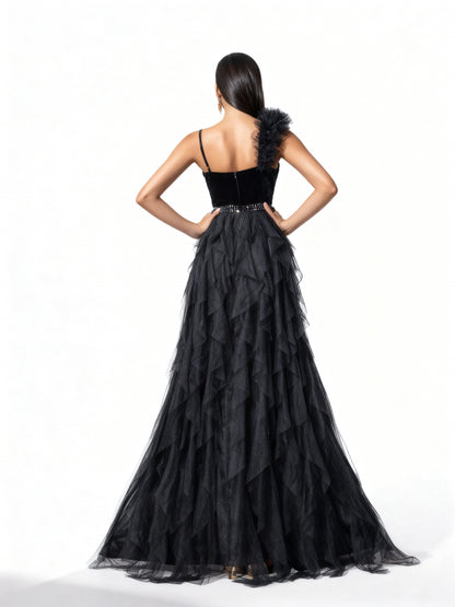 Stalluxe | Schwarzes Rückenträgerloses Netzkleid mit Strass