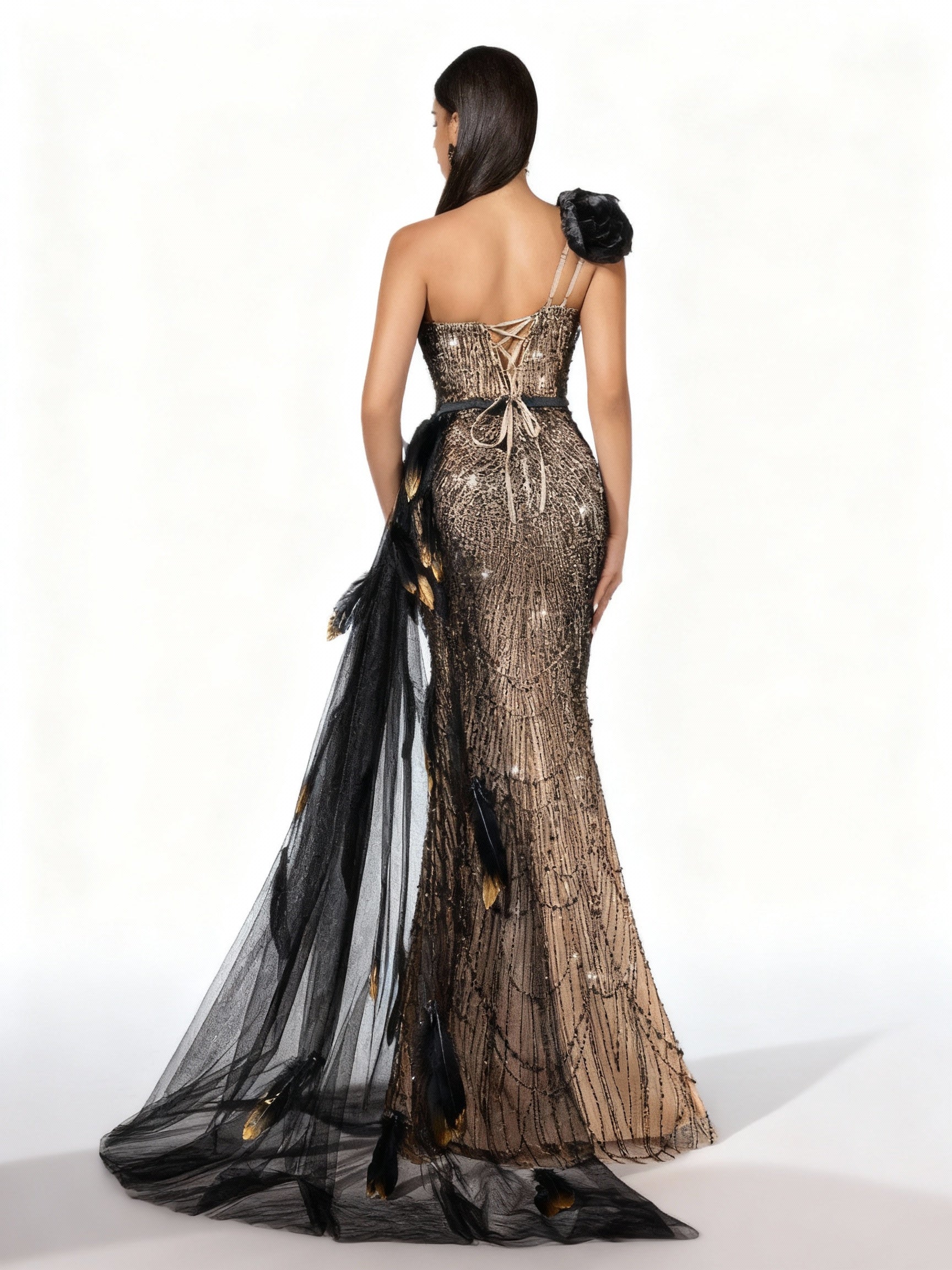 Stalluxe | Göttliches Schwarzes Paillettenkleid mit Applikationen und Asymmetrischem Ausschnitt