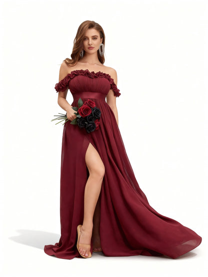 Stalluxe | Abendkleid mit Blumenverzierung und Schlitz Weinrot