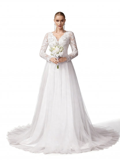 Stalluxe | Traumhaftes Spitze Mesh Brautkleid im Feenstil mit V-Ausschnitt XL