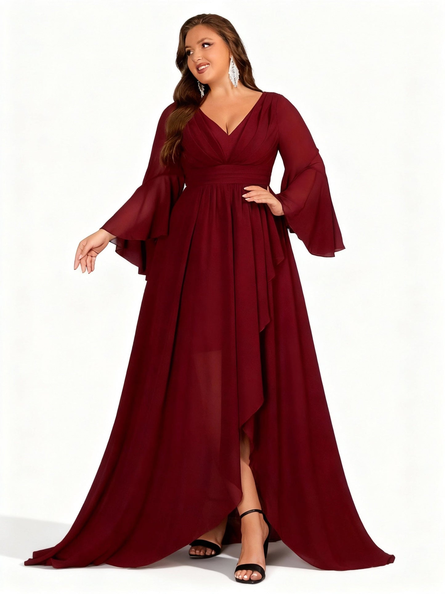 Stalluxe | Burgunderfarbenes Kleid mit Asymmetrischem Saum und Langen Ärmeln