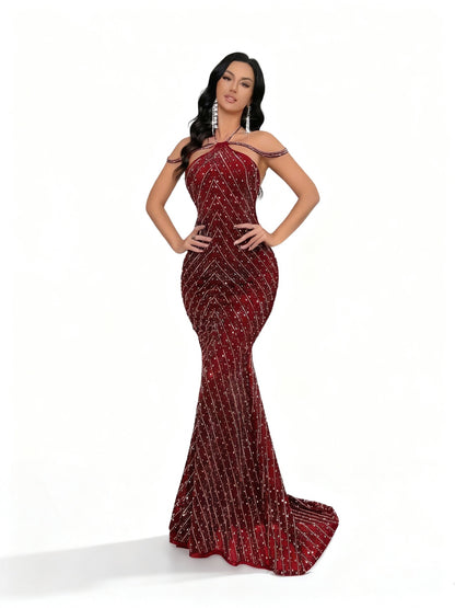 Stalluxe | Göttliches Strasskleid mit Rückenausschnitt im Meerjungfrauenstil Weinrot