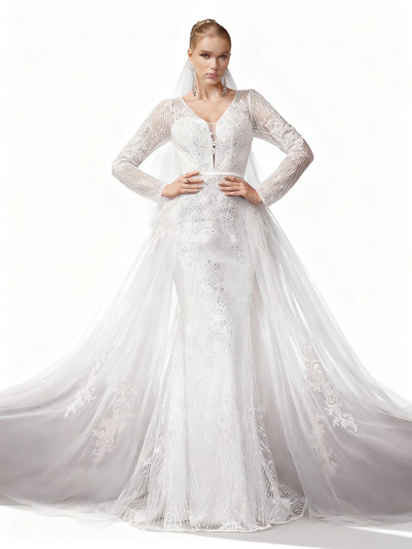 Stalluxe | Elegantes Weißes Spitzen-Brautkleid mit Mesh und Schleier