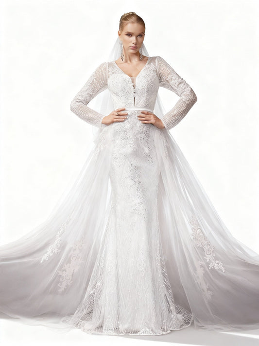 Stalluxe | Elegantes Weißes Spitzen-Brautkleid mit Mesh und Schleier