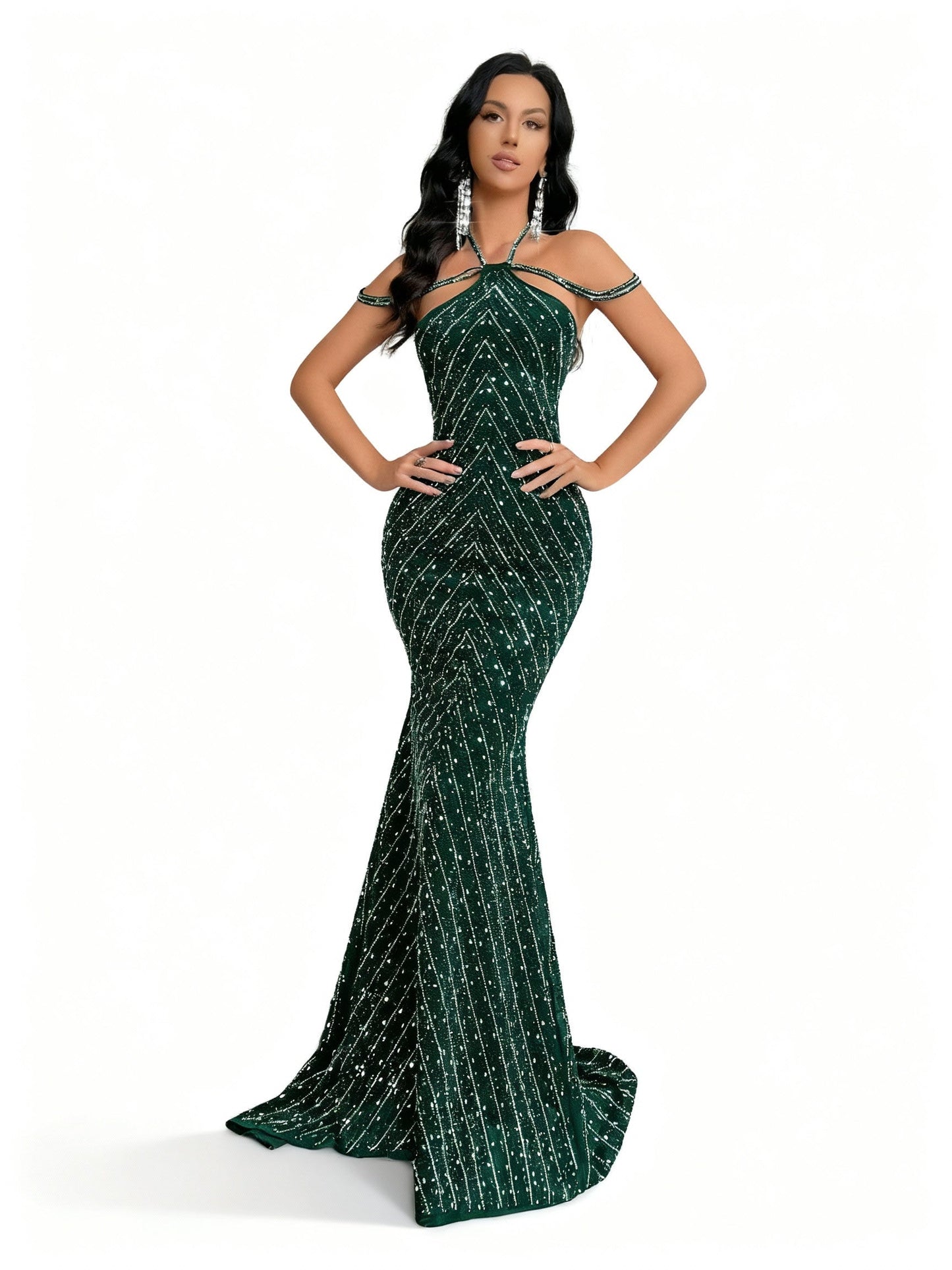 Stalluxe | Göttliches Strasskleid mit Rückenausschnitt im Meerjungfrauenstil Dunkelgrün