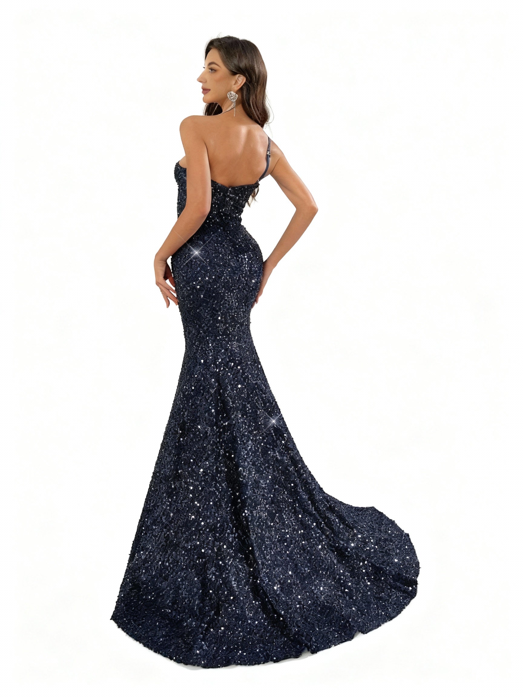 Stalluxe | Glamouröses Marineblaues Paillettenkleid mit Einem Schulterträger