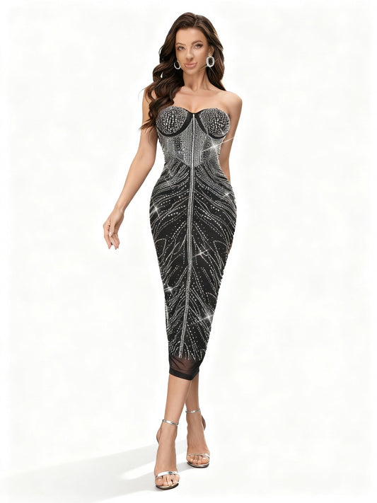 Stalluxe | Glamouröses Schwarzes Abendkleid mit Strassbesatz XL