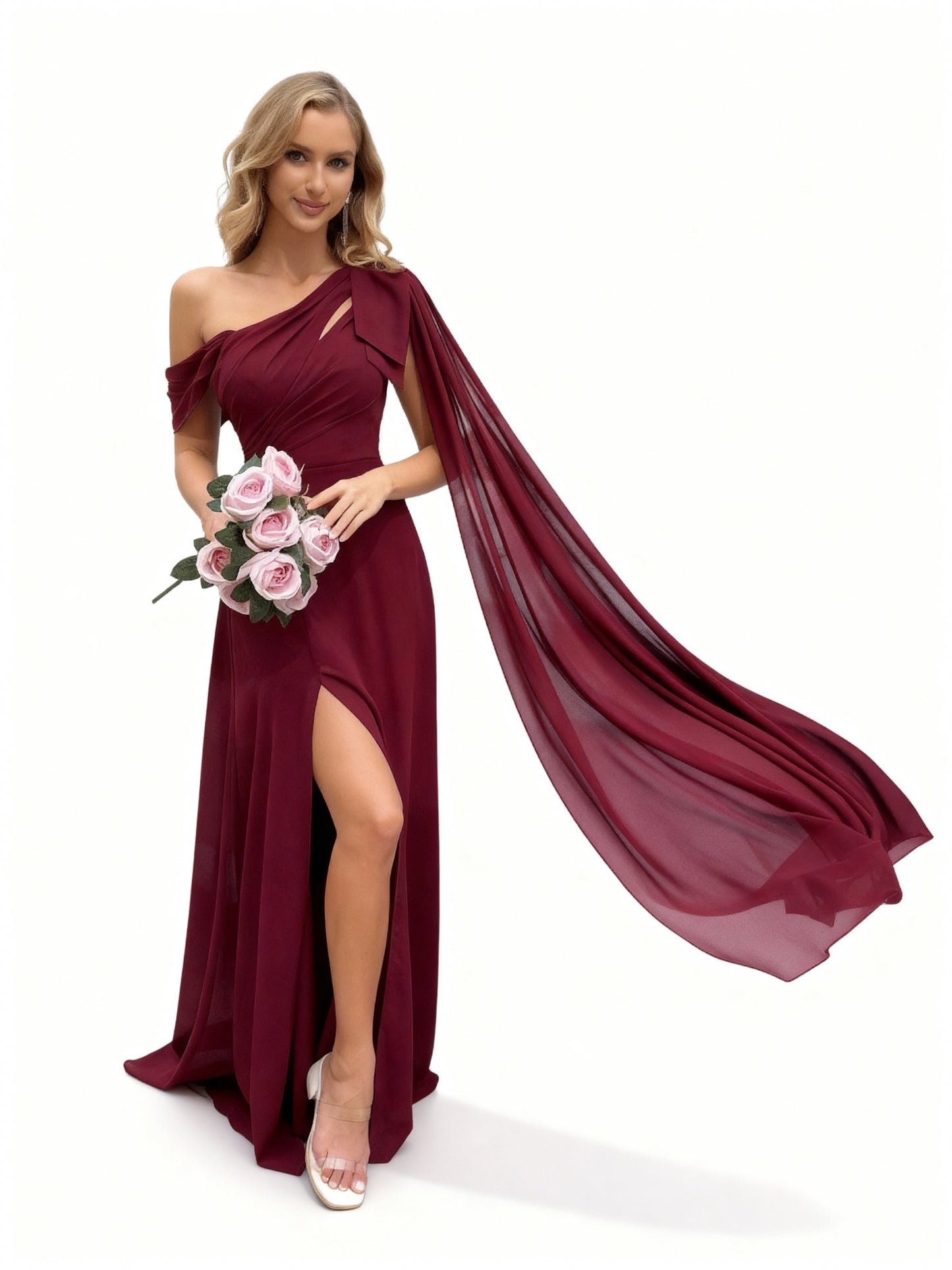 Stalluxe | Chiffonkleid mit Schlitz und Flügelärmeln Weinrot