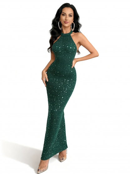 Stalluxe | Strassbesetztes Langes Abendkleid mit Neckholder Dunkelgrün