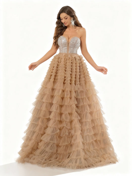 Stalluxe | Champagnerfarbenes Strasskleid mit Rüschen-Saum XL