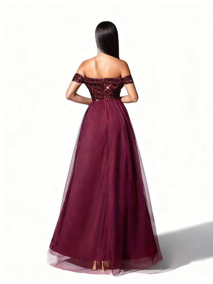 Stalluxe | Burgunderfarbenes Einseitiges Paillettenkleid aus Mesh