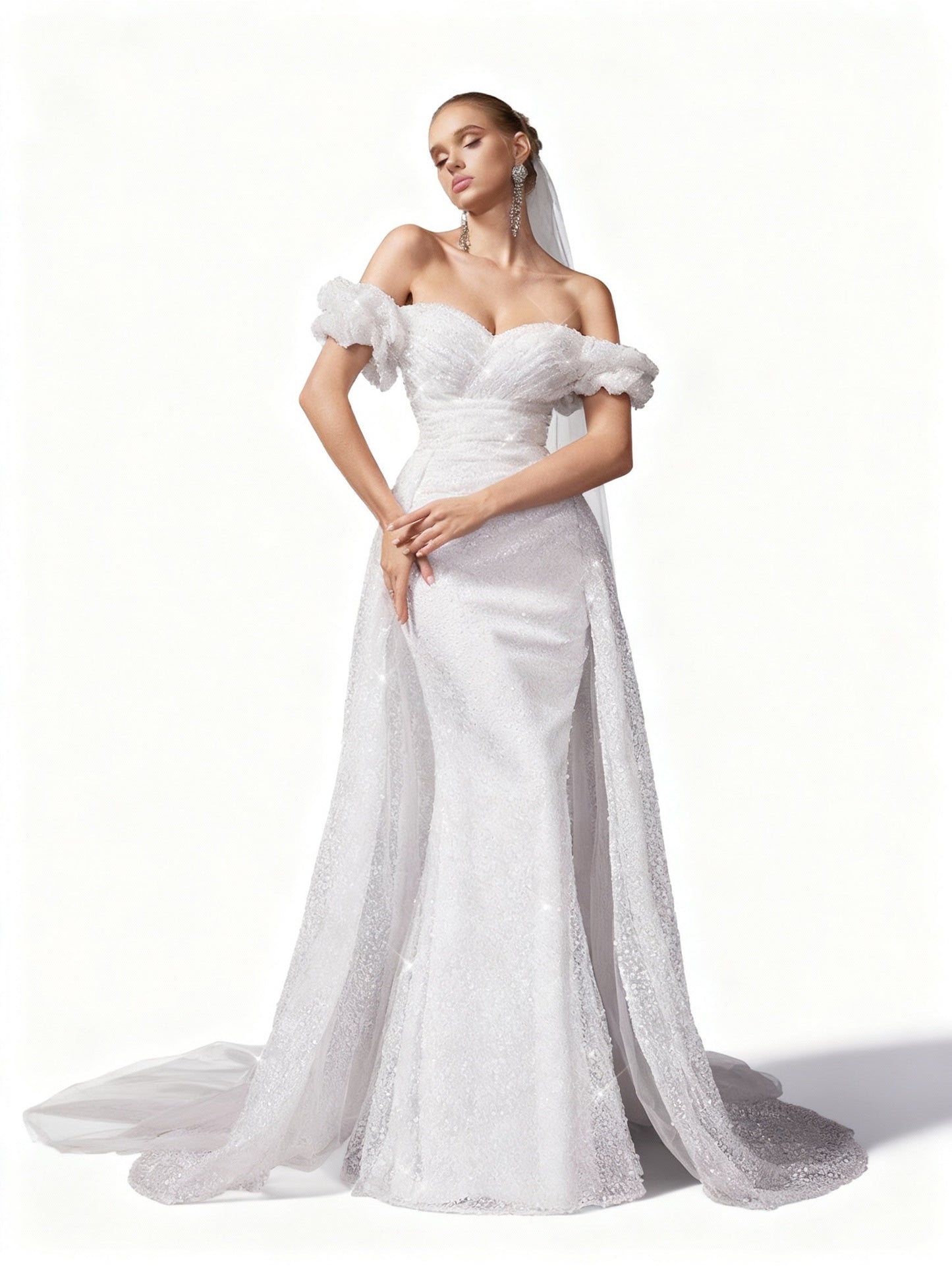 Stalluxe | Weißes One-Shoulder Mesh Hochzeitskleid mit Spitze