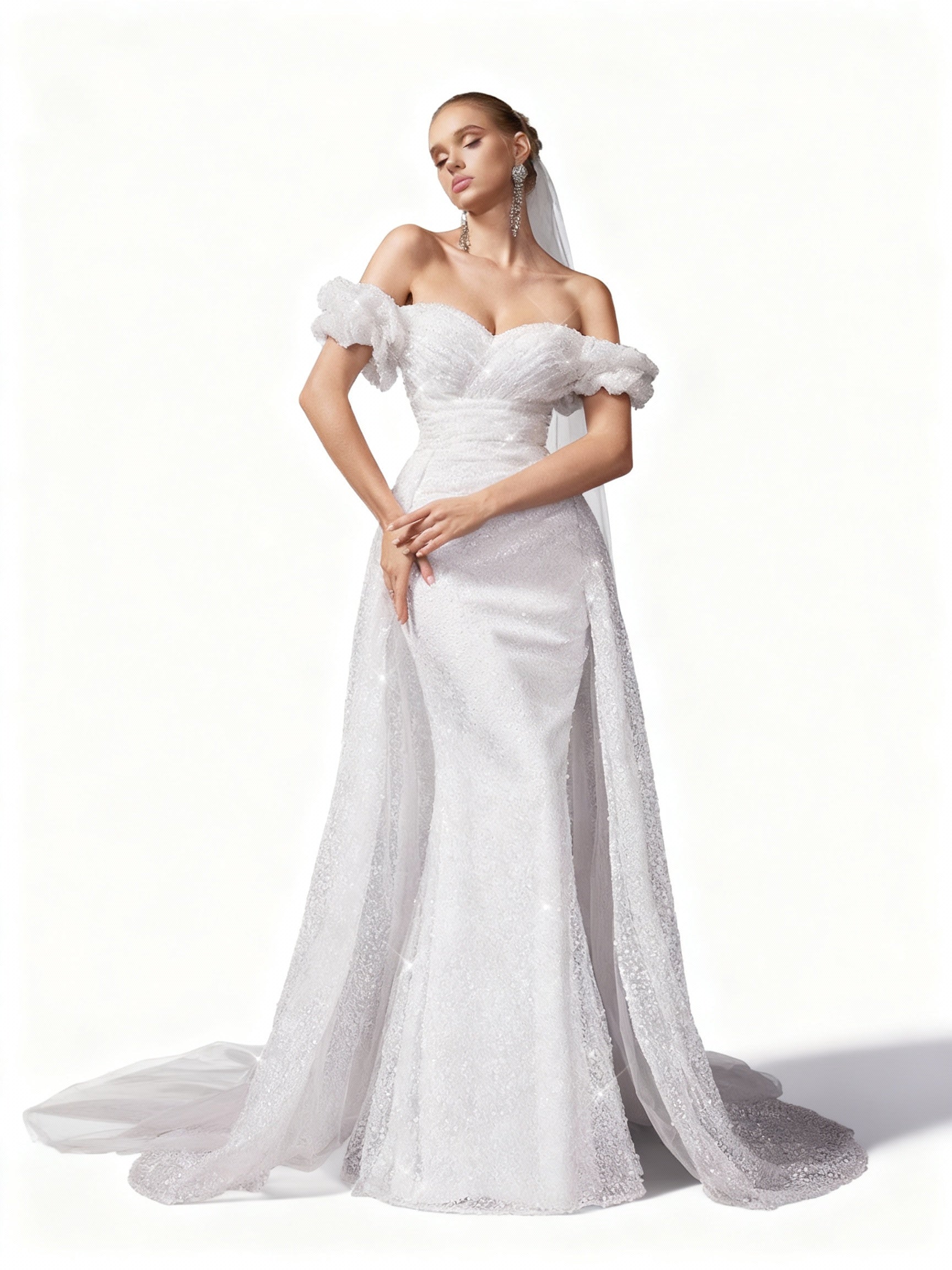 Stalluxe | Weißes One-Shoulder Mesh Hochzeitskleid mit Spitze