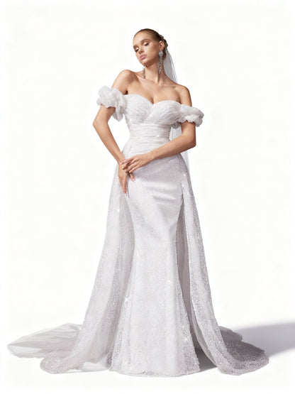 Stalluxe | Weißes One-Shoulder Mesh Hochzeitskleid mit Spitze