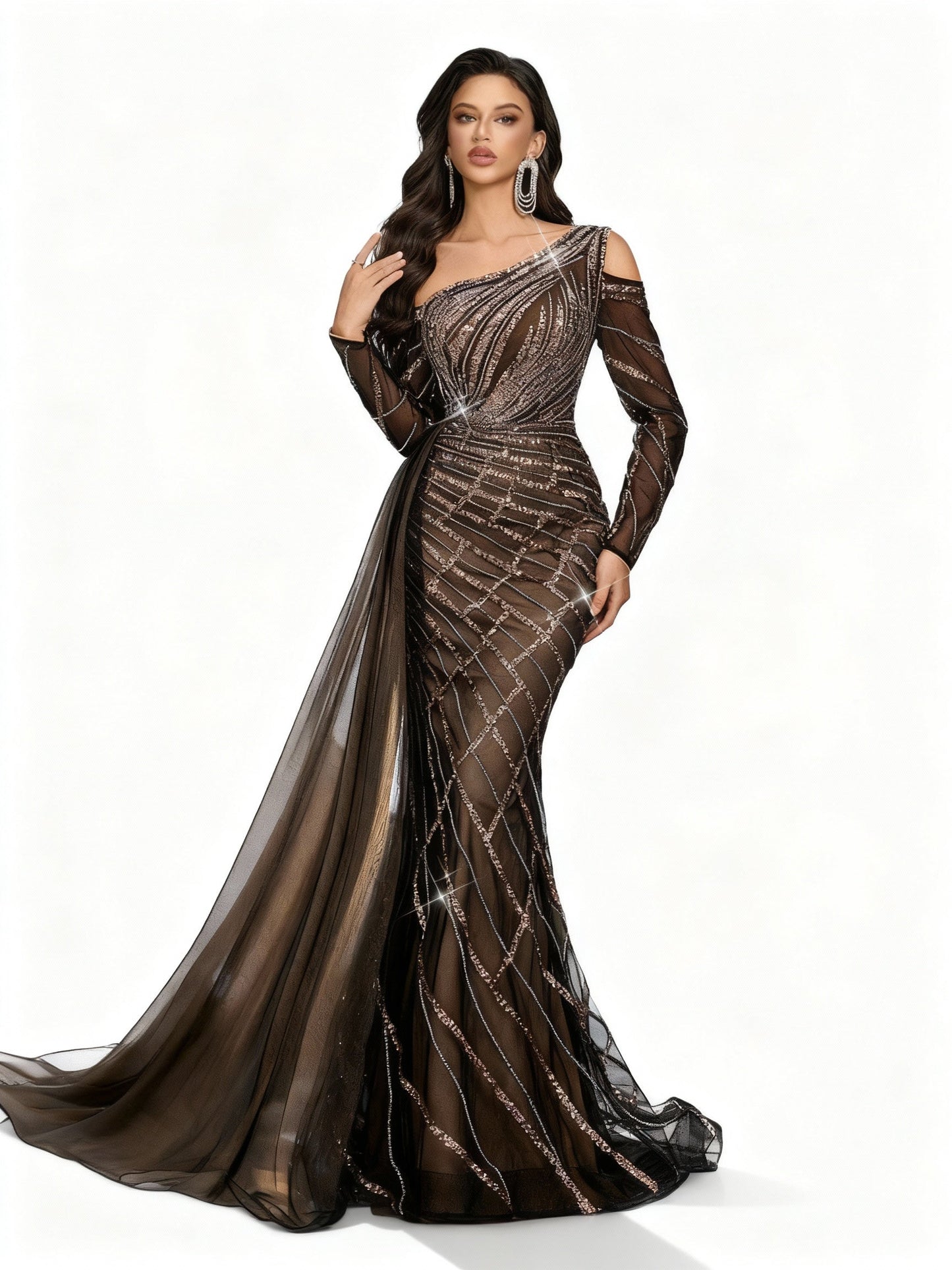 Stalluxe | Schwarzes Perlenkleid mit Asymmetrischem Ausschnitt