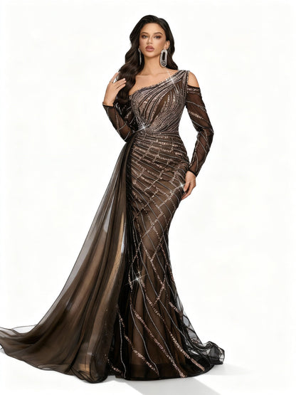 Stalluxe | Schwarzes Perlenkleid mit Asymmetrischem Ausschnitt