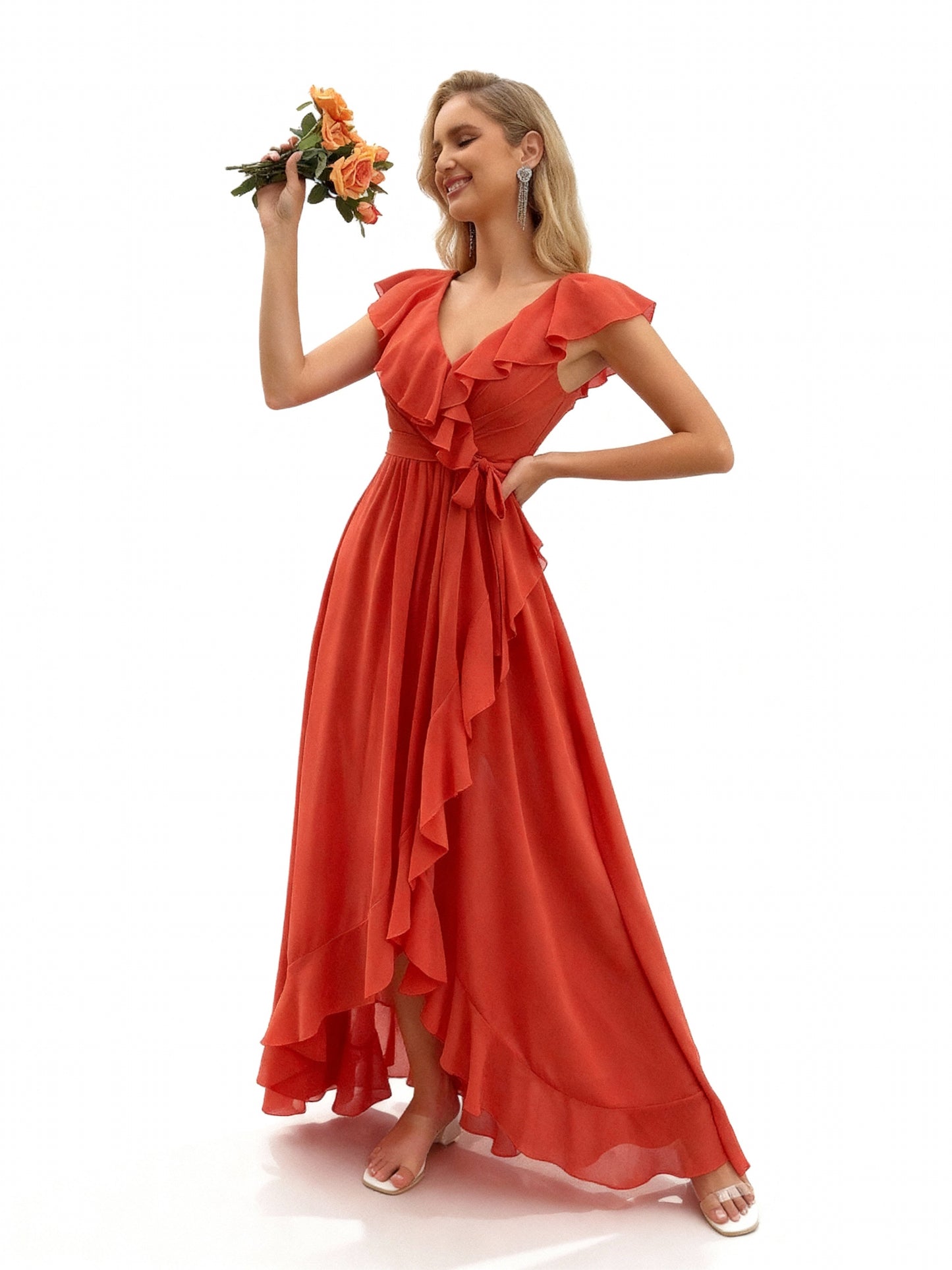 Stalluxe | Elegantes Brautjungfernkleid in Korallenorange mit V-Ausschnitt und Rüschen-Details