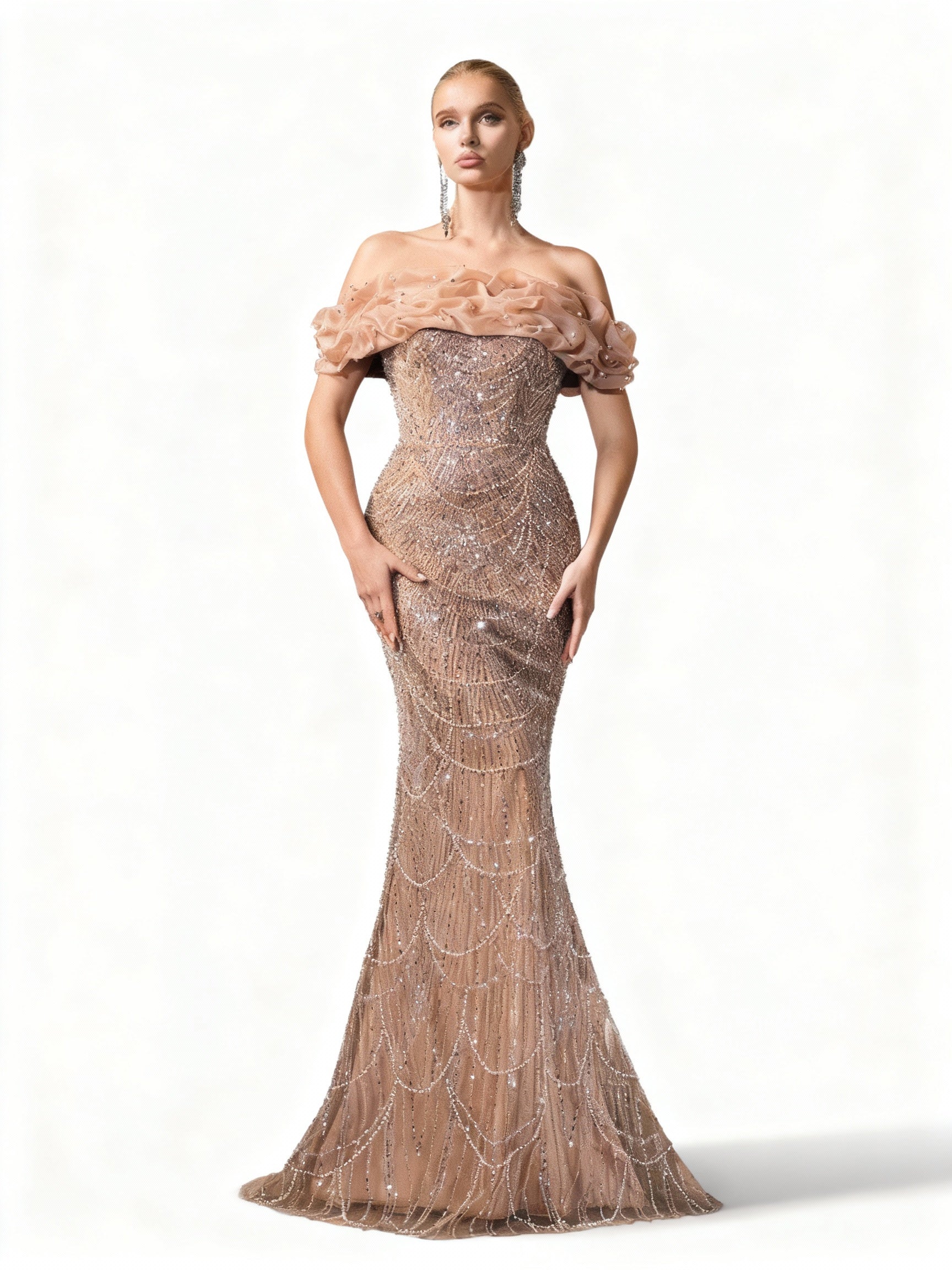 Stalluxe | Champagnerfarbenes Schulterfreies Paillettenkleid