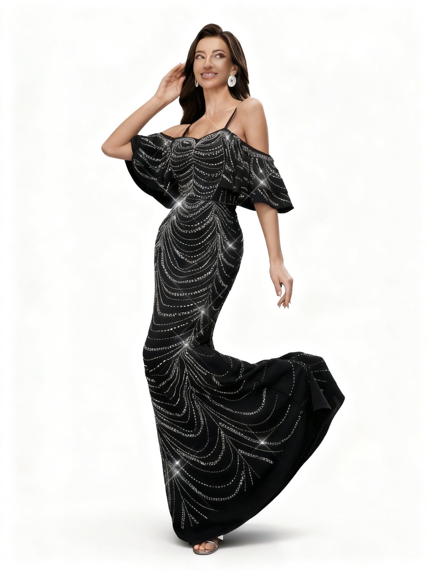 Stalluxe | Schwarzes Pailletten Meerjungfrauen Abendkleid mit Strass