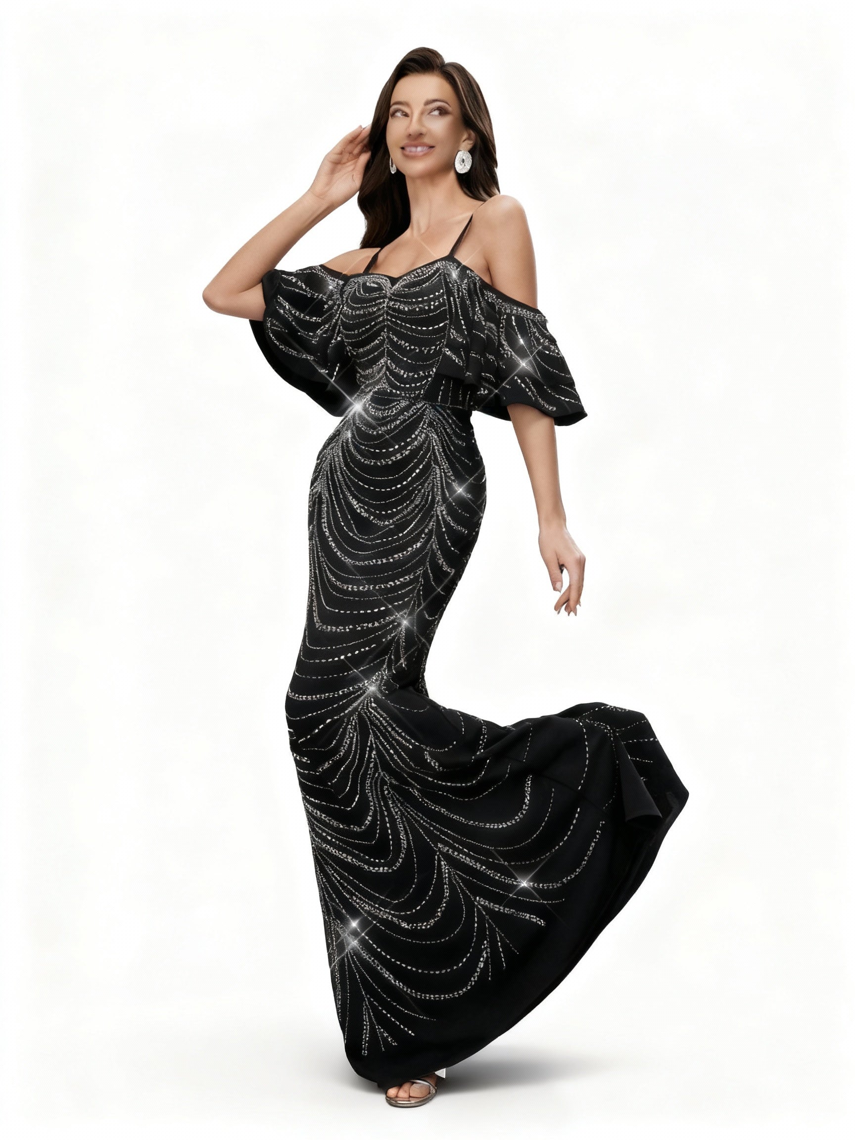 Stalluxe | Schwarzes Pailletten Meerjungfrauen Abendkleid mit Strass