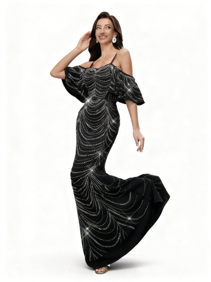 Stalluxe | Schwarzes Pailletten Meerjungfrauen Abendkleid mit Strass