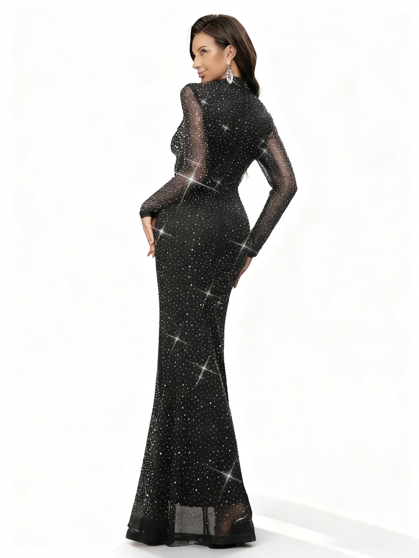 Stalluxe | Schwarzes Abendkleid mit Strass und Rundhalsausschnitt in Meerjungfrauenform