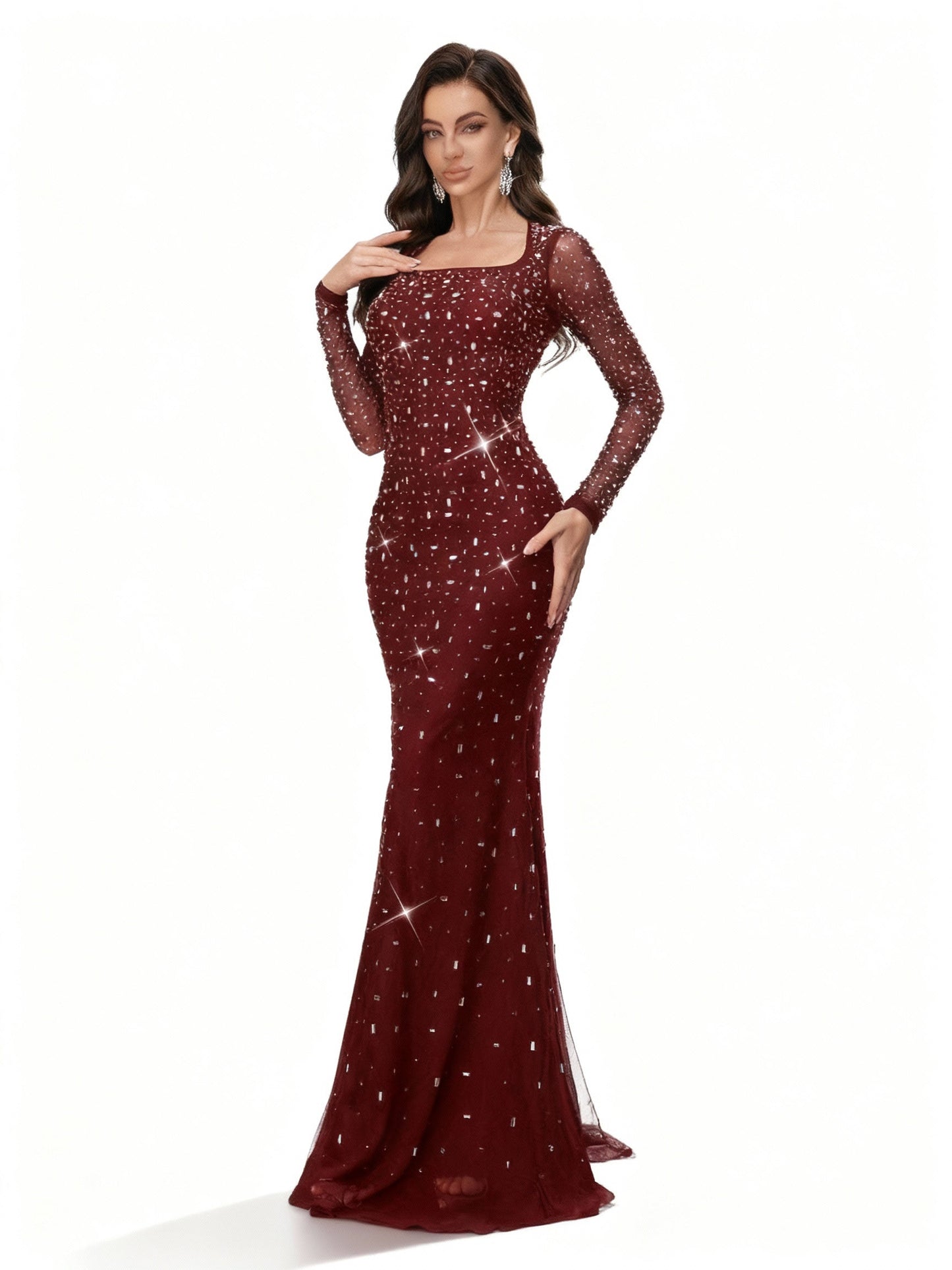 Stalluxe | Elegantes Abendkleid mit Strass und Langarm im Meerjungfrauenstil