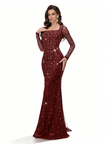 Stalluxe | Elegantes Abendkleid mit Strass und Langarm im Meerjungfrauenstil