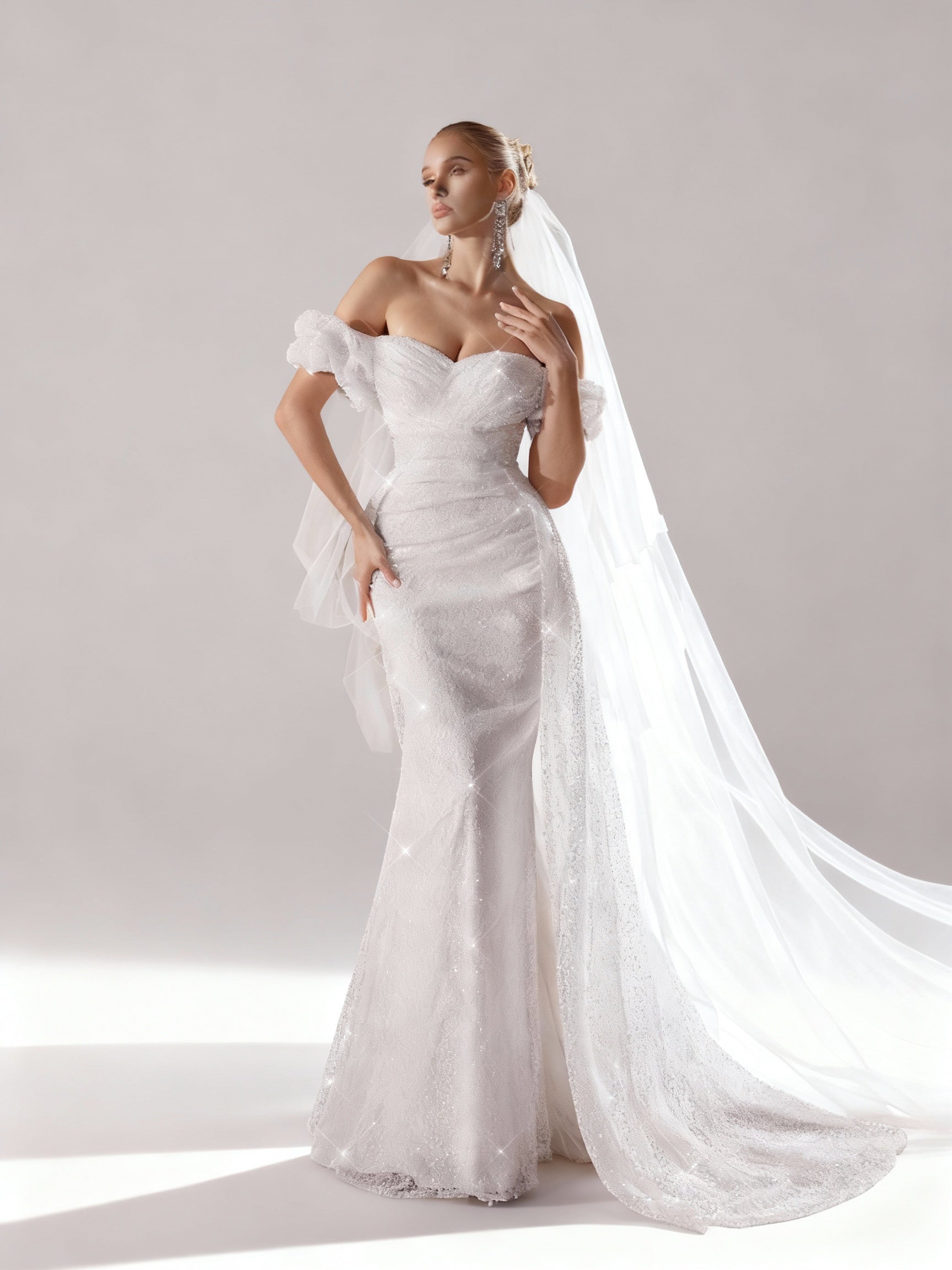 Stalluxe | Weißes One-Shoulder Mesh Hochzeitskleid mit Spitze