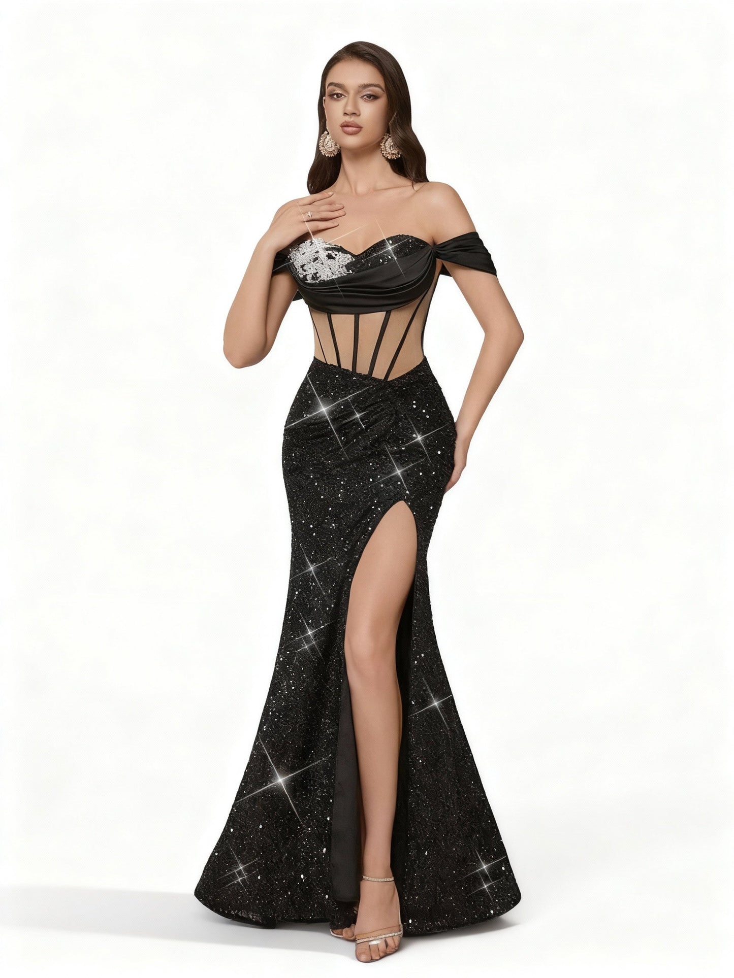 Stalluxe | Glamouröses Schwarzes Pailletten Trägerloses Abendkleid