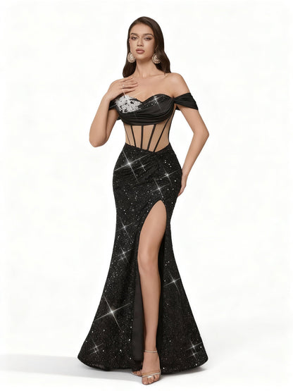 Stalluxe | Glamouröses Schwarzes Pailletten Trägerloses Abendkleid