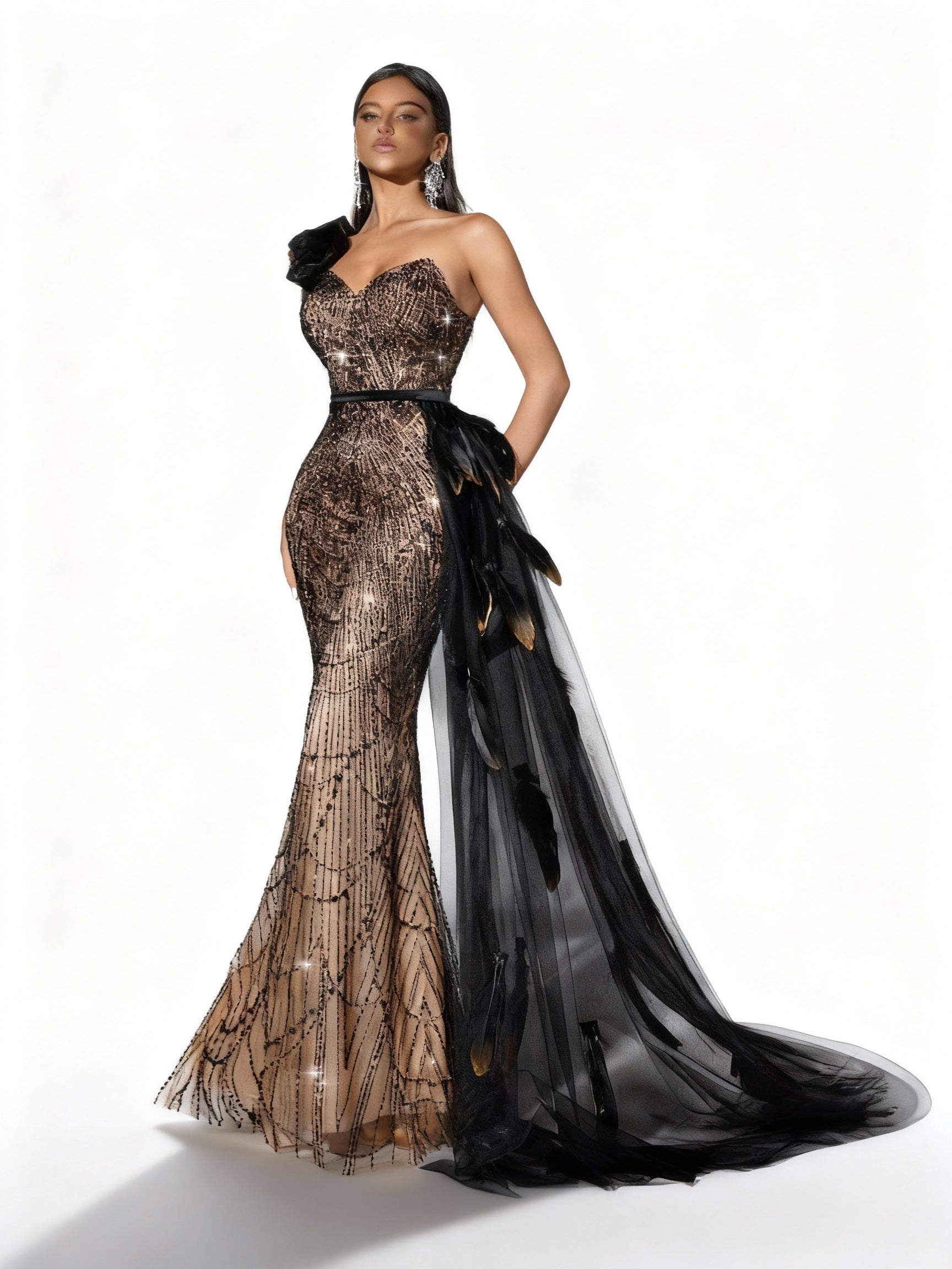 Stalluxe | Göttliches Schwarzes Paillettenkleid mit Applikationen und Asymmetrischem Ausschnitt