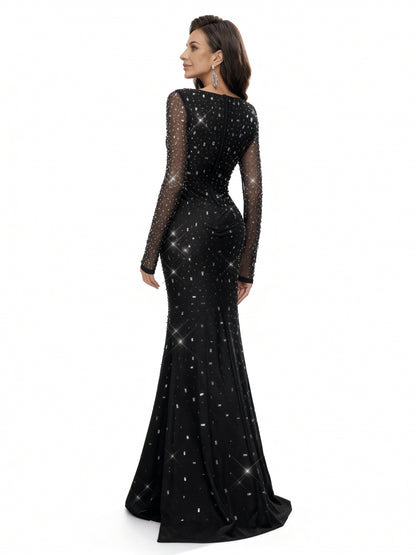 Stalluxe | Zurückhaltendes Schwarzes Abendkleid mit Strass und Langarm