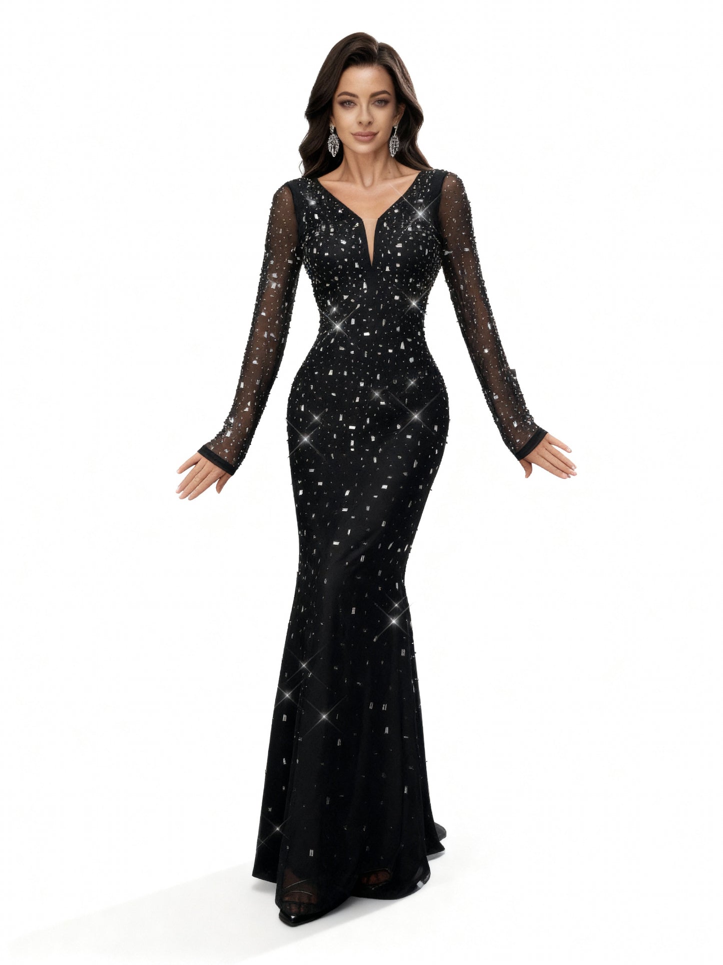 Stalluxe | Zurückhaltendes Schwarzes Abendkleid mit Strass und Langarm