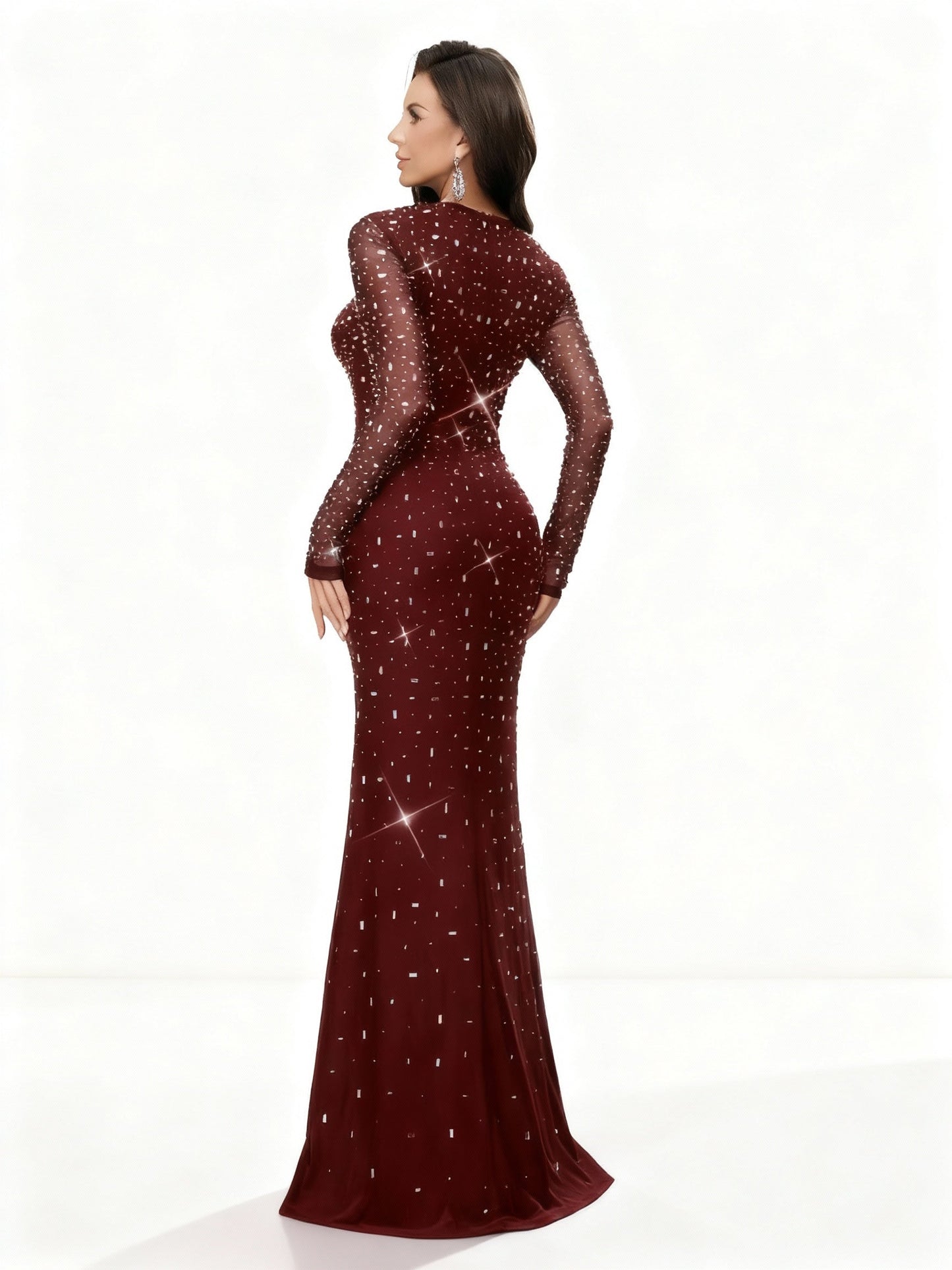 Stalluxe | Elegantes Abendkleid mit Strass und Langarm im Meerjungfrauenstil